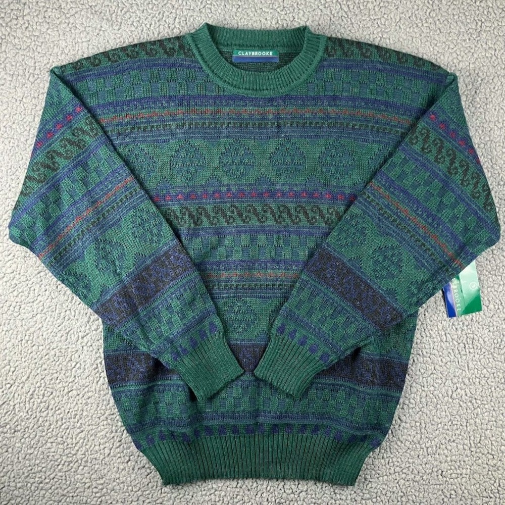 Claybrooke Vintage Mens Green Geometric Fair Isle Crewneck Sweater Size L Wool